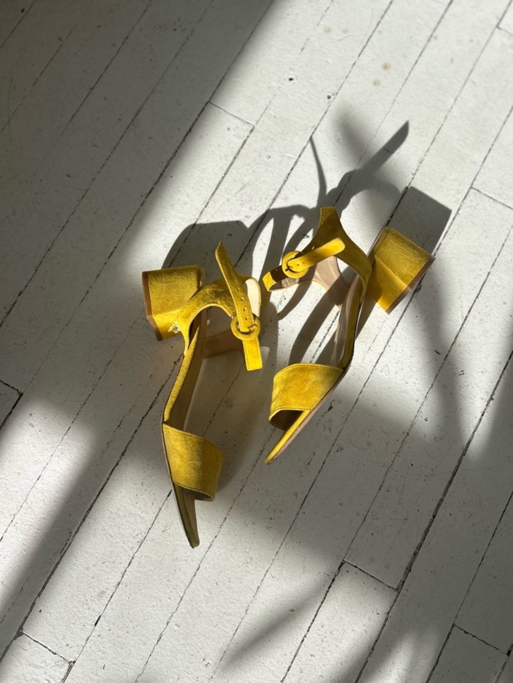 Yellow Suede Block Heel Sandals with Ankle Buckle